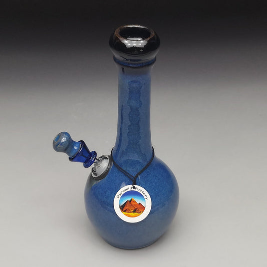 Blue ceramic water pipe with a logo on a gray background